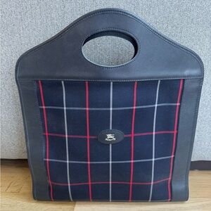 Vintage Burberrys Navy Plaid Top Handle Tote Bag